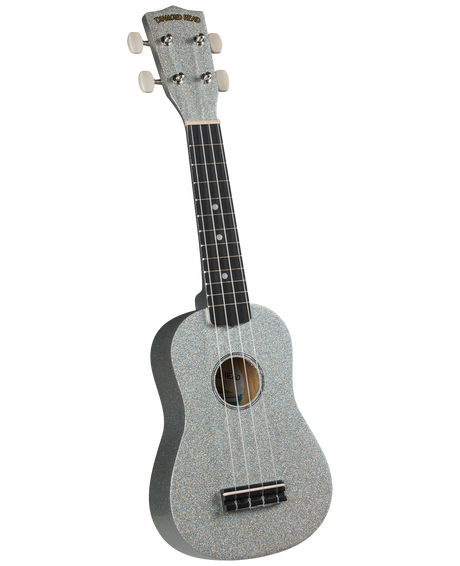 The image shows a soprano ukulele with a sparkly silver finish on the body and headstock. It has four strings, four tuning pegs with cream-colored buttons, a dark wooden fretboard with dot markers, and a traditional body shape with a central sound hole. The headstock features the "Diamond Head" logo. This decorative ukulele is likely an entry to mid-level model from a well-known Hawaiian brand.