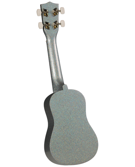 The image shows a silvery-blue ukulele with a sparkly, iridescent finish. It features four tuning pegs with white buttons, gold tuning hardware, and the characteristic small, guitar-like body. The short neck and proportions suggest a concert or tenor size. The instrument is shown against a white background, highlighting its three-dimensional shape and eye-catching design.