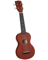 The image shows a soprano ukulele made by Diamond Head with a reddish-brown wooden figure-8 body, a dark fretboard with dot markers, four white tuning pegs, and the brand name on the headstock. It has four strings, a central sound hole, and a bridge at the bottom. This beginner-friendly ukulele produces a bright, cheerful sound typical of Hawaiian and folk music.
