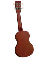 The image shows the back of a reddish-brown ukulele with a smooth wooden finish, likely mahogany. It features a figure-8 body shape, a tapered neck, and a headstock with four white tuning buttons in a 2x2 layout and decorative metal tuning gears. The ukulele appears to be concert or tenor size, with clean craftsmanship indicating a quality instrument.
