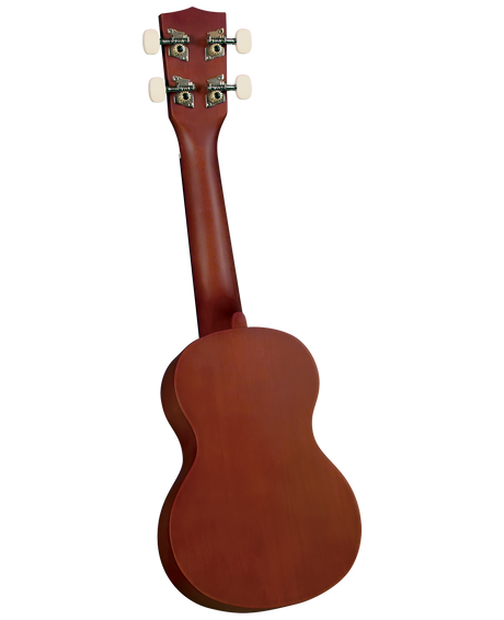 The image shows the back of a reddish-brown ukulele with a smooth wooden finish, likely mahogany. It features a figure-8 body shape, a tapered neck, and a headstock with four white tuning buttons in a 2x2 layout and decorative metal tuning gears. The ukulele appears to be concert or tenor size, with clean craftsmanship indicating a quality instrument.