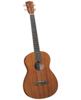 The image shows a concert or tenor-sized ukulele with a natural honey-brown wood body, four strings, a dark fretboard with markers, four tuning pegs, a traditional figure-8 shape, a central sound hole, and a bridge anchoring the strings. This four-stringed instrument from Hawaii is known for its bright, cheerful sound and is popular in Hawaiian, folk, and contemporary music.
