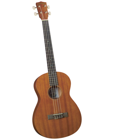 The image shows a concert or tenor-sized ukulele with a natural honey-brown wood body, four strings, a dark fretboard with markers, four tuning pegs, a traditional figure-8 shape, a central sound hole, and a bridge anchoring the strings. This four-stringed instrument from Hawaii is known for its bright, cheerful sound and is popular in Hawaiian, folk, and contemporary music.