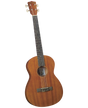 The image shows a concert or tenor-sized ukulele with a natural honey-brown wood body, four strings, a dark fretboard with markers, four tuning pegs, a traditional figure-8 shape, a central sound hole, and a bridge anchoring the strings. This four-stringed instrument from Hawaii is known for its bright, cheerful sound and is popular in Hawaiian, folk, and contemporary music.