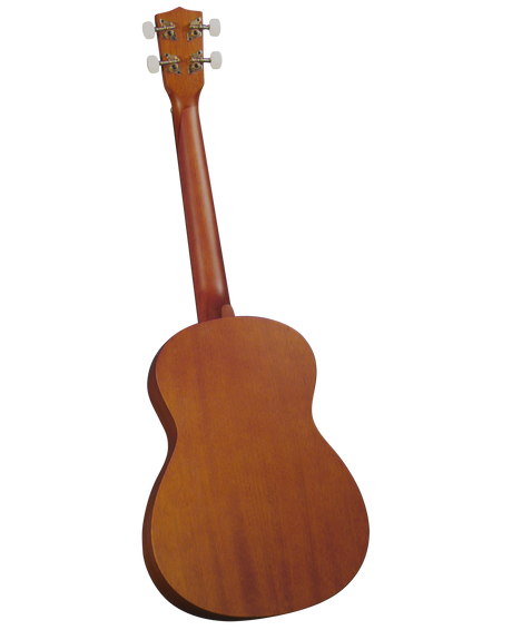 The image shows the back of a wooden ukulele with a natural warm brown finish highlighting the wood grain. It features a headstock with four white tuning pegs (two per side), a smooth neck, and a small, figure-8 shaped body. The instrument appears well-crafted with clean lines and smooth joints, likely a concert or tenor size ukulele, known for its bright sound and Hawaiian origin.