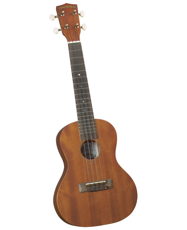 The image shows a Diamond Head ukulele with a natural wood finish, four strings, and white tuning pegs. It features a dark fretboard with position dots, a circular sound hole, and a wooden bridge. The size suggests it is a concert or tenor model. Diamond Head is known for affordable, Hawaiian-style ukuleles popular with beginners and used in various music styles.