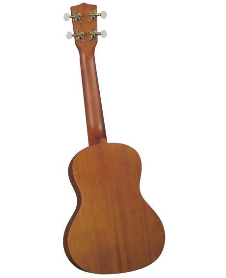 The image shows the back of a concert or tenor ukulele with four white tuning pegs on the headstock. It has a warm, natural wood finish, likely mahogany, with visible grain and a traditional figure-8 body shape. The chrome tuning hardware appears quality-made. This mid-range, compact ukulele is suitable for beginners and intermediate players, known for its portability and bright, cheerful sound.
