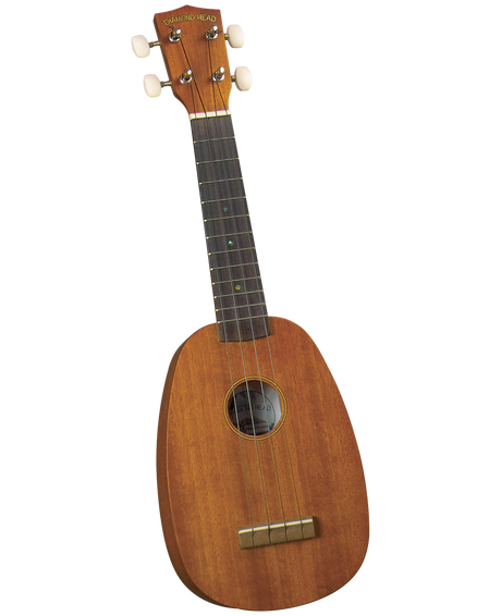 The image shows a soprano-sized Diamond Head ukulele with a small, pineapple-shaped wooden body in a warm brown finish. It has four strings, a dark fretboard with markers, a traditional sound hole, and four tuning pegs with cream-colored buttons on the headstock displaying the "DIAMOND HEAD" logo. This acoustic ukulele is likely an entry-level model, suitable for beginners and casual players.