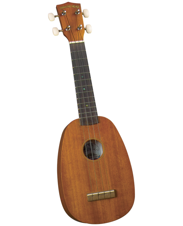 The image shows a soprano-sized Diamond Head ukulele with a small, pineapple-shaped wooden body in a warm brown finish. It has four strings, a dark fretboard with markers, a traditional sound hole, and four tuning pegs with cream-colored buttons on the headstock displaying the "DIAMOND HEAD" logo. This acoustic ukulele is likely an entry-level model, suitable for beginners and casual players.