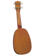 The image shows the back of a pineapple-style ukulele with a warm brown wood finish and visible grain. It features four white tuning buttons on chrome metal tuners, a wooden headstock with a logo or inlay, and a satin or semi-gloss finish. The neck connects to the rounded, oval-shaped body, indicating a well-crafted mid- to high-end instrument.