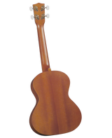 The image shows the back of a small four-stringed ukulele with a warm, reddish-brown wood finish. Visible features include the headstock with four white tuning pegs, a smooth curved body, and the neck connecting them. The natural wood grain gives it a classic look. This is likely a soprano or concert ukulele, known for its bright sound and portability.