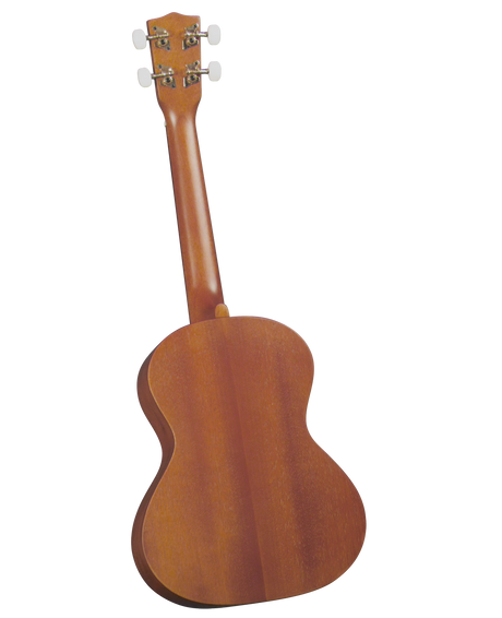 The image shows the back of a small four-stringed ukulele with a warm, reddish-brown wood finish. Visible features include the headstock with four white tuning pegs, a smooth curved body, and the neck connecting them. The natural wood grain gives it a classic look. This is likely a soprano or concert ukulele, known for its bright sound and portability.