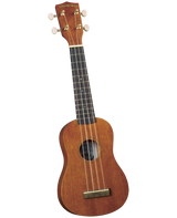 The image shows a Diamond Head soprano or concert ukulele with a natural reddish-brown wood finish. It has four nylon strings, white tuning buttons, a dark fretboard with markers, a traditional figure-8 body, a central sound hole, and a bridge at the bottom. Diamond Head is known for affordable, beginner-friendly ukuleles inspired by this Hawaiian instrument.