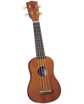 The image shows a Diamond Head soprano or concert ukulele with a natural reddish-brown wood finish. It has four nylon strings, white tuning buttons, a dark fretboard with markers, a traditional figure-8 body, a central sound hole, and a bridge at the bottom. Diamond Head is known for affordable, beginner-friendly ukuleles inspired by this Hawaiian instrument.