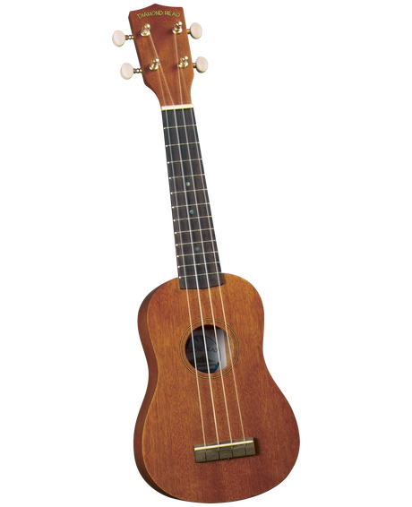 The image shows a Diamond Head soprano or concert ukulele with a natural reddish-brown wood finish. It has four nylon strings, white tuning buttons, a dark fretboard with markers, a traditional figure-8 body, a central sound hole, and a bridge at the bottom. Diamond Head is known for affordable, beginner-friendly ukuleles inspired by this Hawaiian instrument.