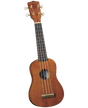 The image shows a Diamond Head soprano or concert ukulele with a natural reddish-brown wood finish. It has four nylon strings, white tuning buttons, a dark fretboard with markers, a traditional figure-8 body, a central sound hole, and a bridge at the bottom. Diamond Head is known for affordable, beginner-friendly ukuleles inspired by this Hawaiian instrument.