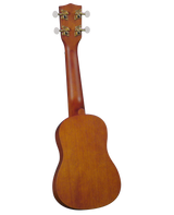 The image shows the back of a small, four-string acoustic ukulele with a warm, golden wood finish. It features a compact body, a neck extending from it, and a headstock with four tuning pegs—two on each side—with cream-colored knobs and gold tuning gears. The smooth wood grain is visible, highlighting the instrument’s traditional design typical of soprano or concert ukuleles.