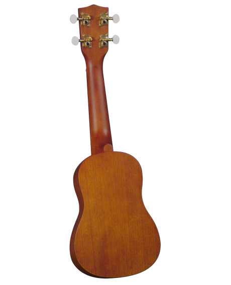 The image shows the back of a small, four-string acoustic ukulele with a warm, golden wood finish. It features a compact body, a neck extending from it, and a headstock with four tuning pegs—two on each side—with cream-colored knobs and gold tuning gears. The smooth wood grain is visible, highlighting the instrument’s traditional design typical of soprano or concert ukuleles.