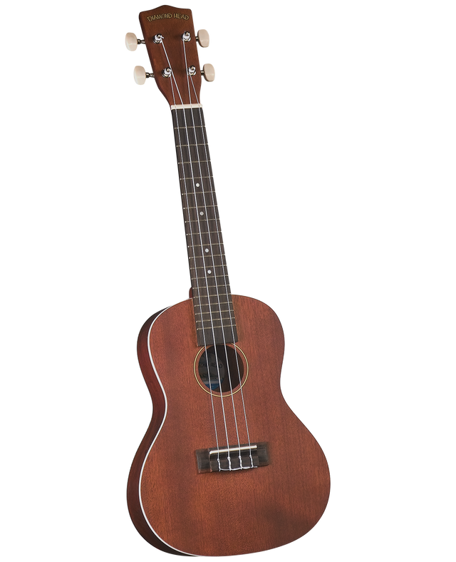 The image shows a Diamond Head ukulele with a natural mahogany wood finish. It is a concert or tenor size with a traditional wooden body, central sound hole, four nylon strings, and four tuning pegs with cream-colored buttons. The dark fretboard has visible inlays, and light binding outlines the body. The ukulele is photographed against a white background, typical of product or catalog images.
