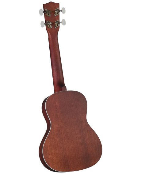 The image shows the back of a ukulele with a rich reddish-brown wood finish, likely mahogany. It features a classic figure-8 body, four tuning pegs with white buttons, and decorative metal tuning machines. Light-colored binding outlines the body edges, and the wood has a smooth, semi-gloss finish. The headstock has a traditional shape, and the instrument appears to be a well-crafted concert or tenor model, suitable for beginners to intermediate players.