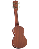 The image shows the back of a concert or tenor-sized ukulele made from reddish-brown wood, likely mahogany, with a natural finish and white binding. It features a traditional figure-8 shape, smooth contours, and four chrome tuning pegs with cream buttons in a 2+2 headstock layout. The design is simple and elegant, indicating a quality mid-range instrument suitable for beginners and experienced players.