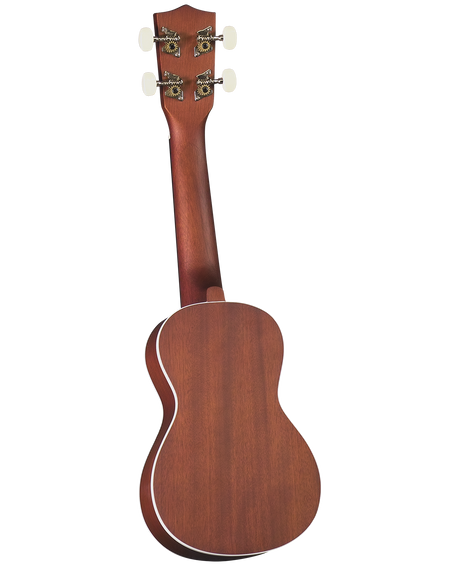 The image shows the back of a concert or tenor-sized ukulele made from reddish-brown wood, likely mahogany, with a natural finish and white binding. It features a traditional figure-8 shape, smooth contours, and four chrome tuning pegs with cream buttons in a 2+2 headstock layout. The design is simple and elegant, indicating a quality mid-range instrument suitable for beginners and experienced players.