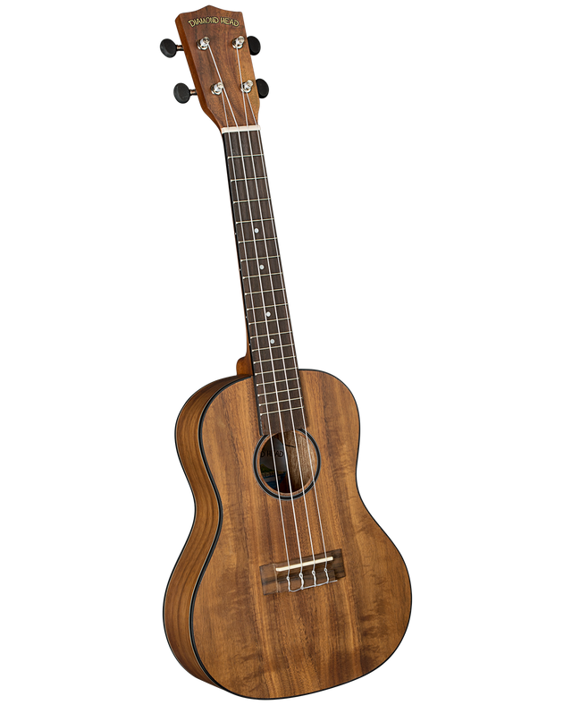 The image shows a Diamond Head ukulele, likely concert or tenor size, with a koa or similar wood body featuring visible grain. It has four strings, a dark rosewood or ebony fretboard with dot markers, traditional figure-8 shape, four black tuning pegs, a central round sound hole, and a wooden bridge. The natural wood finish highlights its quality and appeal, making it suitable for beginners and intermediate players.