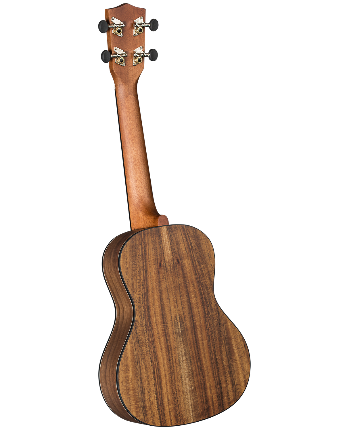 The image shows the back of a quality ukulele with a traditional figure-8 body made of polished koa or mahogany wood, featuring rich brown tones and distinctive grain. It has four chrome geared tuning pegs on the classic headstock and binding around the edges. The proportions suggest a concert or tenor size, indicating a well-crafted instrument suited for intermediate to professional players.