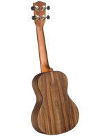 The image shows the back of a quality ukulele with a traditional figure-8 body made of polished koa or mahogany wood, featuring rich brown tones and distinctive grain. It has four chrome geared tuning pegs on the classic headstock and binding around the edges. The proportions suggest a concert or tenor size, indicating a well-crafted instrument suited for intermediate to professional players.