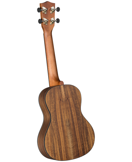 The image shows the back of a quality ukulele with a traditional figure-8 body made of polished koa or mahogany wood, featuring rich brown tones and distinctive grain. It has four chrome geared tuning pegs on the classic headstock and binding around the edges. The proportions suggest a concert or tenor size, indicating a well-crafted instrument suited for intermediate to professional players.