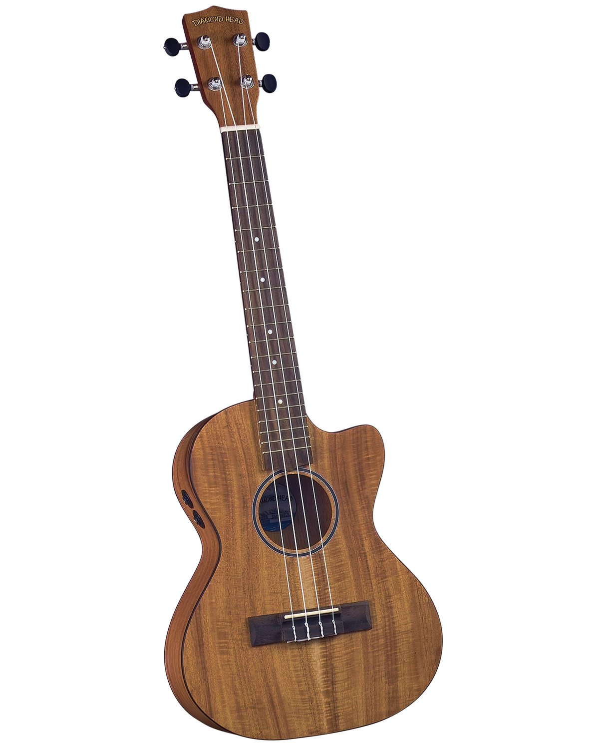 The image shows a tenor or concert-sized Diamond Head ukulele with a cutaway body, koa-style wood finish, and attractive grain. It features four black-topped tuning pegs, chrome tuning machines, a dark fretboard with white dot markers, and four nylon strings. The black bridge, decorative rosette, and side control panel indicate it’s an acoustic-electric model, suitable for versatile playing.