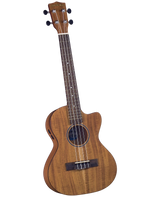 The image shows a tenor or concert-sized Diamond Head ukulele with a cutaway body, koa-style wood finish, and attractive grain. It features four black-topped tuning pegs, chrome tuning machines, a dark fretboard with white dot markers, and four nylon strings. The black bridge, decorative rosette, and side control panel indicate it’s an acoustic-electric model, suitable for versatile playing.