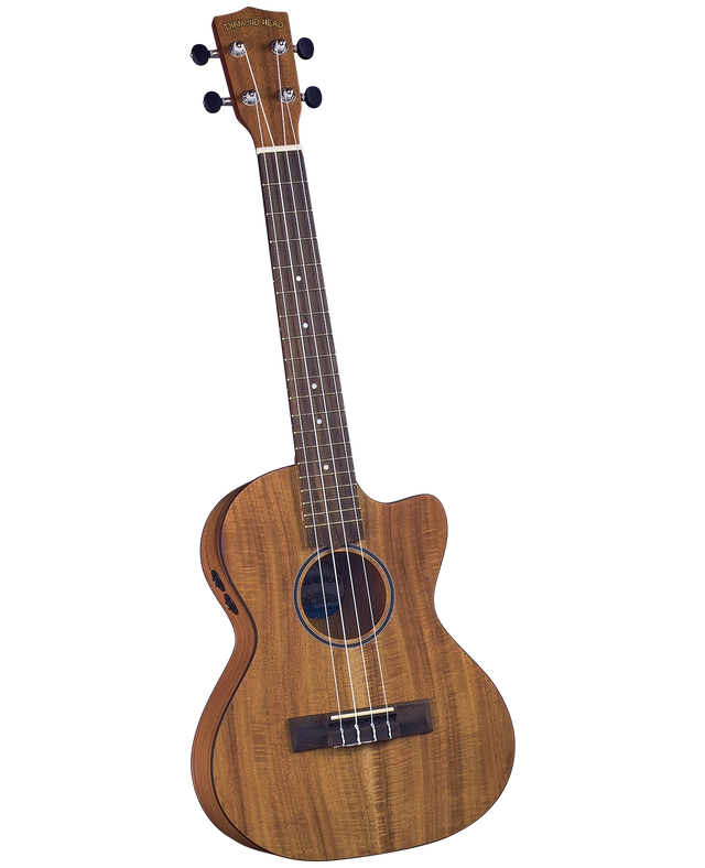 The image shows a tenor or concert-sized Diamond Head ukulele with a cutaway body, koa-style wood finish, and attractive grain. It features four black-topped tuning pegs, chrome tuning machines, a dark fretboard with white dot markers, and four nylon strings. The black bridge, decorative rosette, and side control panel indicate it’s an acoustic-electric model, suitable for versatile playing.
