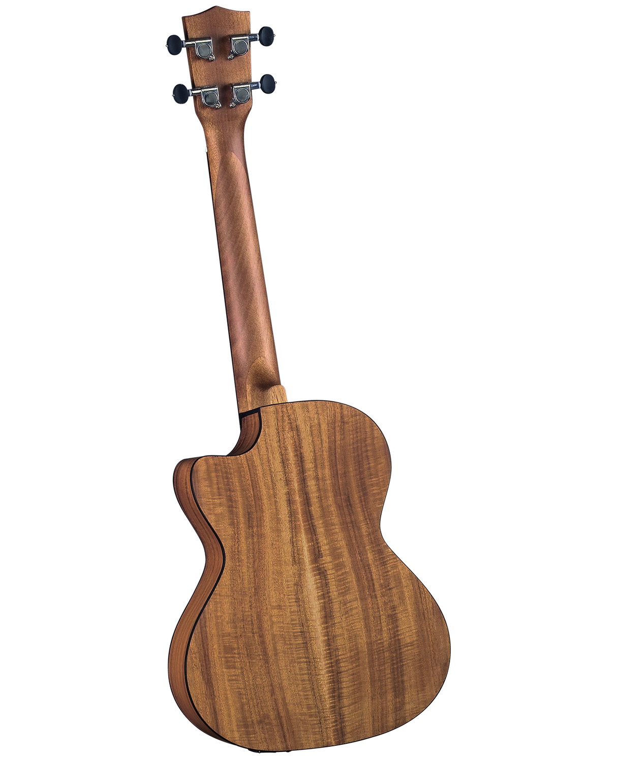 The image shows the back and headstock of a ukulele with a natural wood finish and visible grain, likely koa. It features a cutaway body design, binding around the edges, four chrome tuning pegs with black knobs, and a traditional headstock shape. The size suggests a concert or tenor ukulele, possibly acoustic-electric, designed for easy access to higher frets and suited for both beginners and advanced players.
