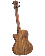The image shows the back and headstock of a ukulele with a natural wood finish and visible grain, likely koa. It features a cutaway body design, binding around the edges, four chrome tuning pegs with black knobs, and a traditional headstock shape. The size suggests a concert or tenor ukulele, possibly acoustic-electric, designed for easy access to higher frets and suited for both beginners and advanced players.