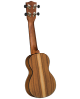 The image shows the back view of a wooden ukulele with visible natural grain on the body and neck. It features four tuning pegs with black knobs and silver machines on the headstock, dark binding around the figure-8 shaped body, and a straight neck. Likely a concert or tenor size, the instrument displays quality construction and a smooth finish, typical of ukuleles known for their bright, cheerful sound.