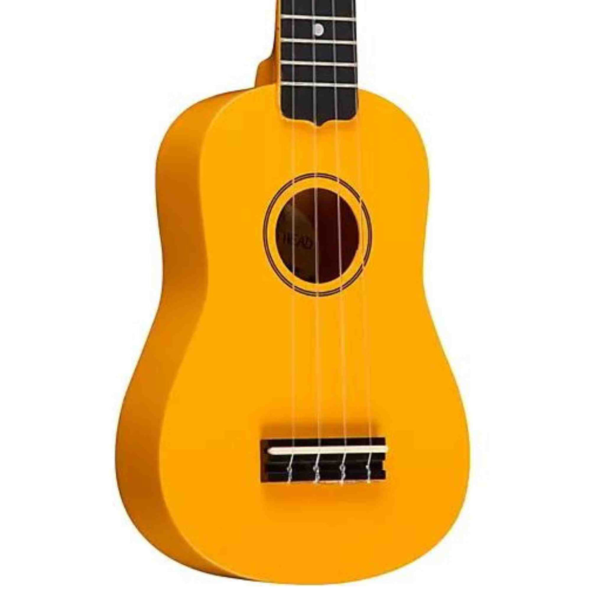 The image shows a bright yellow-orange soprano or concert ukulele with a glossy finish. It has a classic small guitar shape, a round sound hole, and four strings stretched from the bridge to the headstock. The dark fretboard features white fret and dot position markers. This well-crafted ukulele is known for its portability and cheerful sound, popular in Hawaiian, folk, and contemporary music.