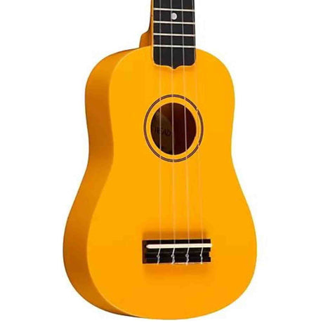 The image shows a bright yellow-orange soprano or concert ukulele with a glossy finish. It has a classic small guitar shape, a round sound hole, and four strings stretched from the bridge to the headstock. The dark fretboard features white fret and dot position markers. This well-crafted ukulele is known for its portability and cheerful sound, popular in Hawaiian, folk, and contemporary music.