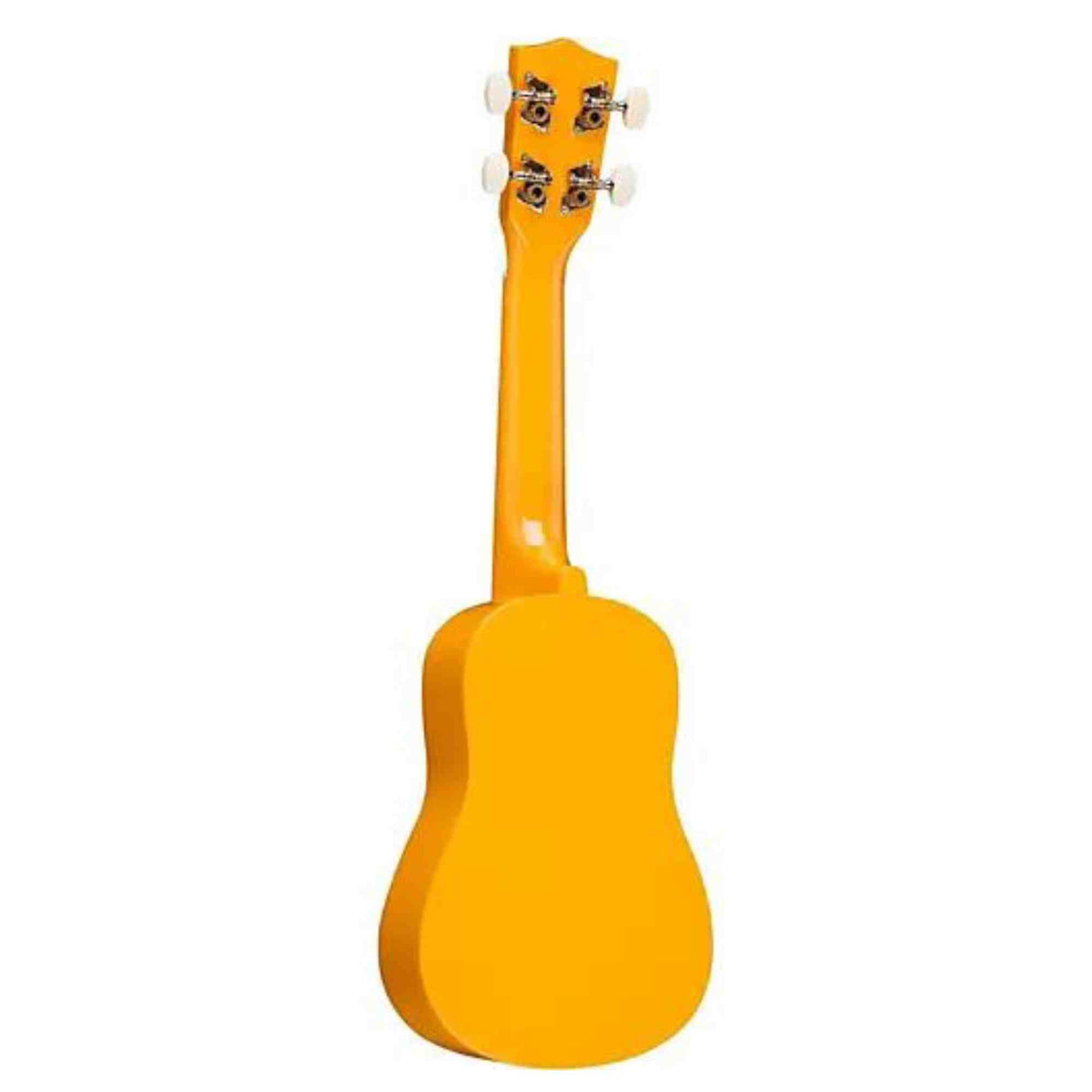 The image shows the back of a bright orange-yellow ukulele with four tuning pegs on the headstock. It has a smooth, glossy finish and a compact, figure-8 shaped body typical of soprano or concert sizes. This small four-stringed instrument is known for its cheerful sound and is popular in Hawaiian, folk, and contemporary music.