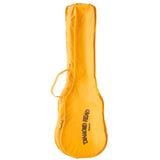 The image shows a bright yellow-orange ukulele gig bag with "DIAMOND HEAD" and "UKULELES" printed in dark text near the bottom. It has a carrying handle and a zipper closure along the edge. Designed for lightweight protection and easy transport, the vibrant color makes the bag easily recognizable and adds a fun, tropical look that reflects the ukulele's Hawaiian roots.