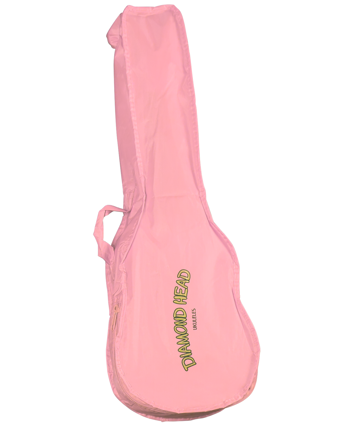 pink ukulele gig bag with the words diamond head ukulele embossed on it.  