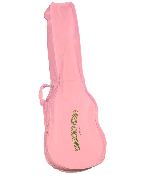 pink ukulele gig bag with the words diamond head ukulele embossed on it.  