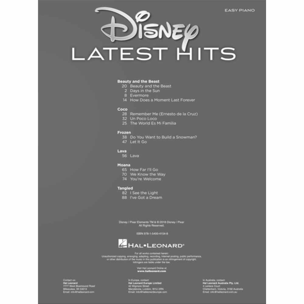 The image shows the back cover of a Disney sheet music book titled "Disney Latest Hits," published by Hal Leonard. Marked "Easy Piano," it features simplified piano arrangements of popular songs from Beauty and the Beast, Coco, Frozen, Lava, Moana, and Tangled. This collection is designed for beginner to intermediate players.