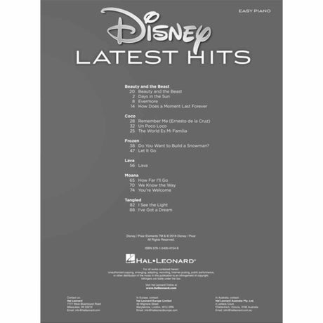 The image shows the back cover of a Disney sheet music book titled "Disney Latest Hits," published by Hal Leonard. Marked "Easy Piano," it features simplified piano arrangements of popular songs from Beauty and the Beast, Coco, Frozen, Lava, Moana, and Tangled. This collection is designed for beginner to intermediate players.