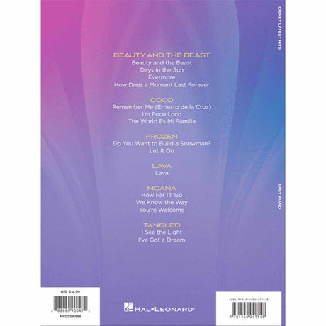The image shows the back cover of a Hal Leonard Disney songbook featuring a purple-pink gradient background, pricing, barcode, and logo. It lists popular songs from Disney movies like Beauty and the Beast, Coco, Frozen, Lava, Moana, and Tangled. The book likely contains piano/vocal/guitar sheet music, making it a useful resource for musicians wanting to play well-known Disney tracks.