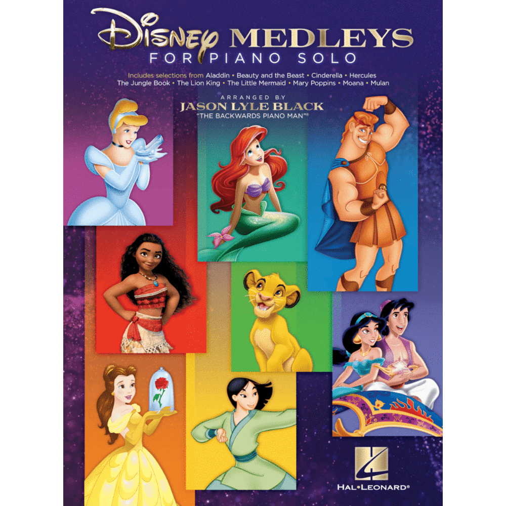 The image shows the cover of the sheet music book "Disney Medleys for Piano Solo" by Jason Lyle Black, featuring colorful panels of classic Disney characters like Cinderella, Ariel, Moana, Simba, Belle, Mulan, and Aladdin against a purple starry background. It includes piano solo medleys from popular Disney films such as Aladdin, Beauty and the Beast, The Lion King, Moana, and more.