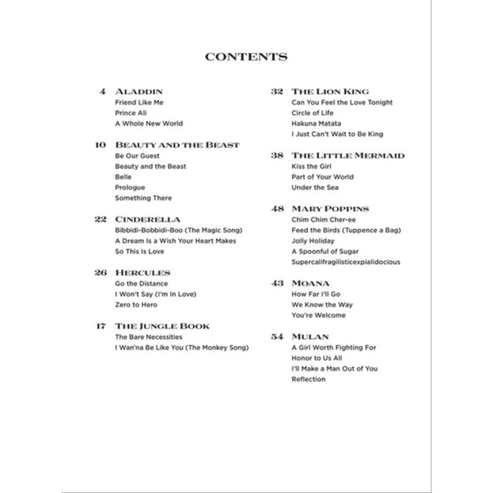 The image shows a table of contents from a Disney songbook or sheet music collection. It lists popular songs organized by film, including Aladdin, Beauty and the Beast, The Lion King, The Little Mermaid, Mary Poppins, and others like Cinderella, Hercules, Moana, and Mulan. This collection is designed for musicians or music educators to play iconic Disney songs on piano or other instruments.