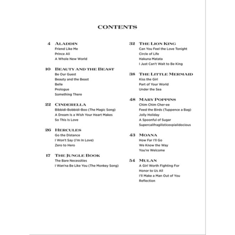 The image shows a table of contents from a Disney songbook or sheet music collection. It lists popular songs organized by film, including Aladdin, Beauty and the Beast, The Lion King, The Little Mermaid, Mary Poppins, and others like Cinderella, Hercules, Moana, and Mulan. This collection is designed for musicians or music educators to play iconic Disney songs on piano or other instruments.