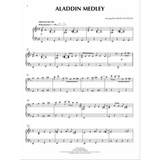 The image shows page 4 of a piano sheet music arrangement titled "Aladdin Medley" by Jason Lyle Black. It features treble and bass clefs, rehearsal letters (A-E), a tempo marking "FRIEND LIKE ME" (♩=96), and standard musical notation with dynamics, articulations, chords, and melodic and harmonic parts. Copyright info at the bottom indicates it is an official Disney piano arrangement.