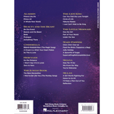 The image shows the back cover of a Disney songbook published by Hal Leonard, listing popular songs organized by movie, including classics like Aladdin, Beauty and the Beast, Cinderella, and The Little Mermaid, as well as newer titles like The Lion King, Mary Poppins, Moana, and Mulan. It highlights this professional collection of piano/vocal arrangements for musicians and music teachers.